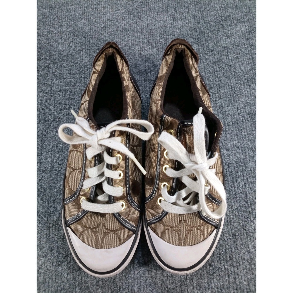Coach Signature C Womens Sneakers Size 7.5 Brown Tan Canvas Leather Low Top